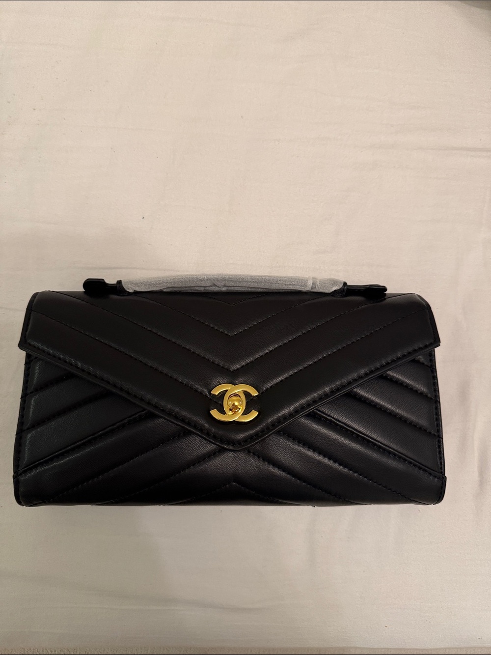 CHANEL style Black Chevron Quilted clutch with Gold CC